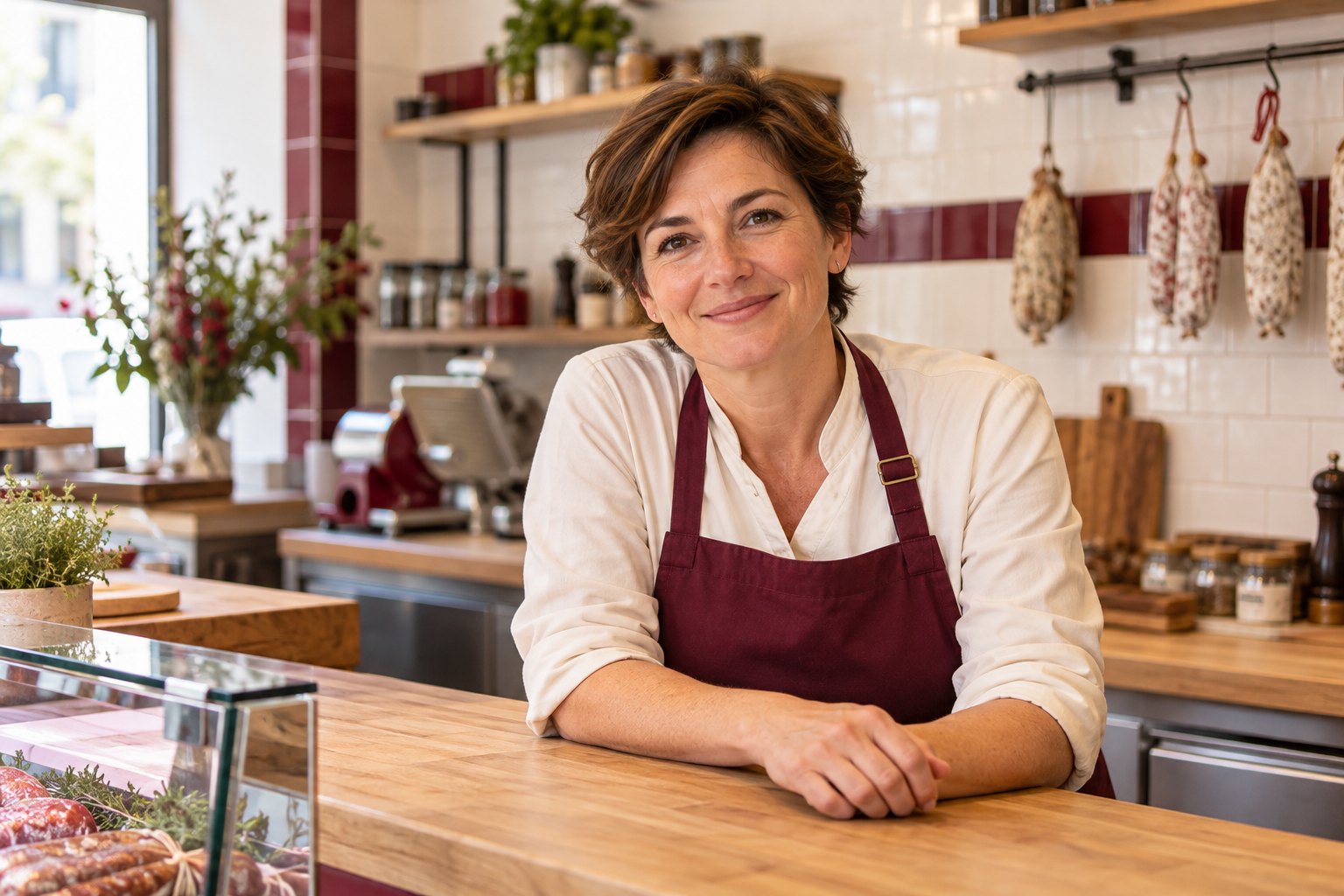 Artisane bouchère au comptoir, photographie illustrative